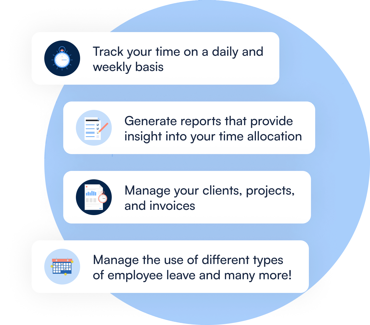 Some of the main features of Fornulio such as time tracking, days off, client, and project overview.